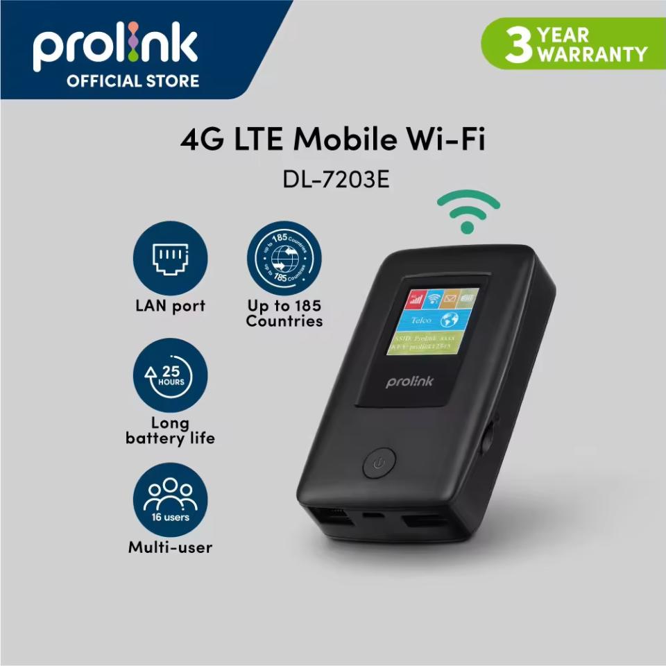 [Up to 25hr Battery | Portable Travel Router / Power bank] Prolink DL-7203E 4G LTE Mobile WiFi with LCD display with RJ45 LAN port and SIM slot. (Photo: Lazada SG)