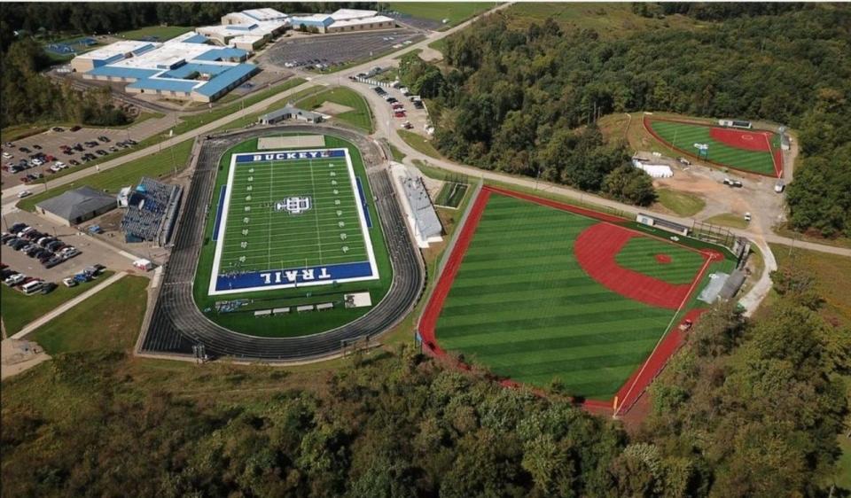 A aerial view captures the new turf football, baseball and softball fields at Buckeye Trail High School in Old Washington.