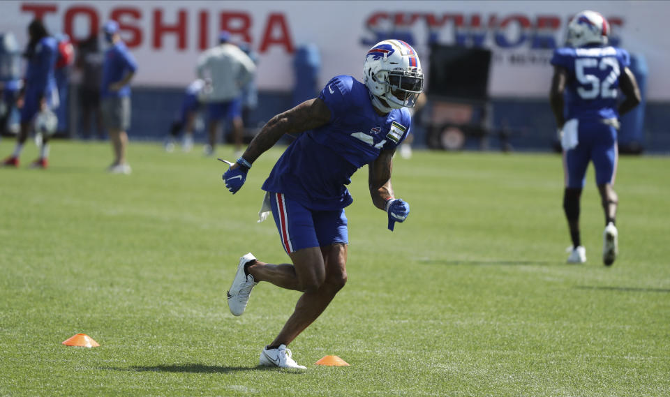 Buffalo Bills safety Dean Marlowe (31) runs upfield during an NFL football training camp in Orchard Park, N.Y., Monday, Aug. 31, 2020. (James P. McCoy/Buffalo News via AP, Pool)