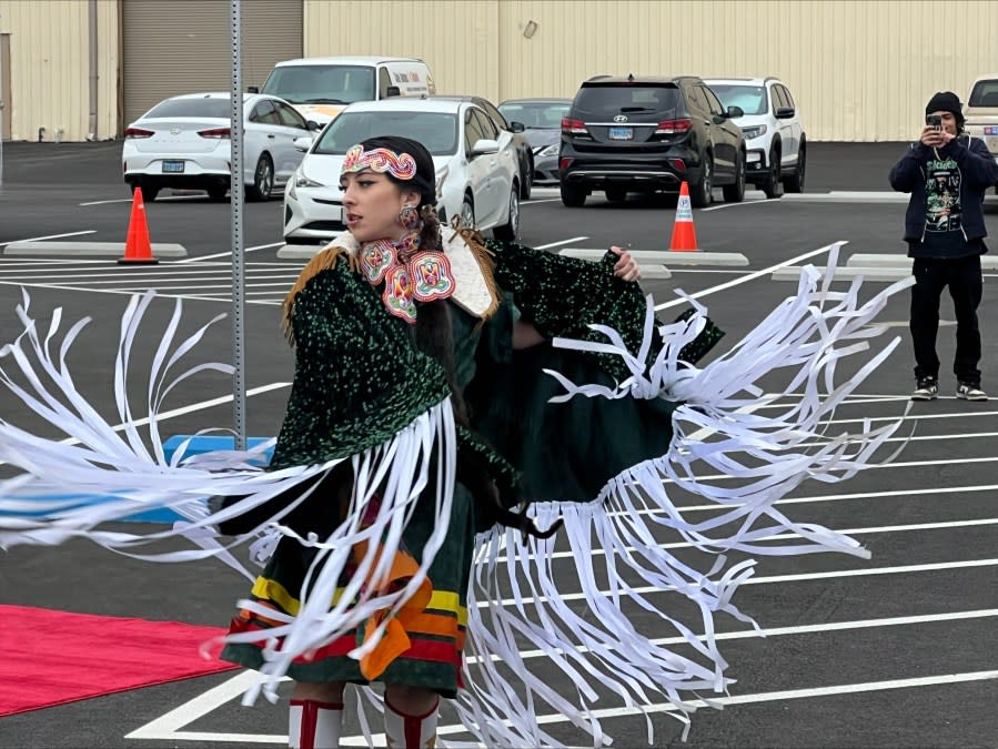 Native American powwow dancers christen the Clark County School District’s Indian Education Opportunities Program building off Flamingo and Eastern. (KLAS/Lauren Negrete)