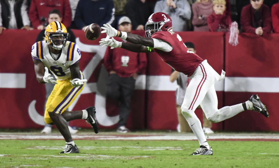 Nov 4, 2023; Tuscaloosa, Alabama, USA; Alabama Crimson Tide defensive back Terrion Arnold (3) breaks up a pass intended for LSU Tigers wide receiver Malik Nabers (8) at Bryant-Denny Stadium. Alabama defeated LSU 42-28. Mandatory Credit: Gary Cosby Jr.-USA TODAY Sports