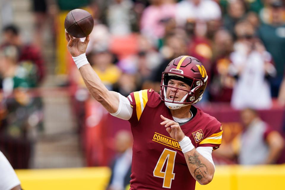 Washington Commanders quarterback Taylor Heinicke against the Green Bay Packers on Sunday in Landover, Md. (AP Photo/Susan Walsh)