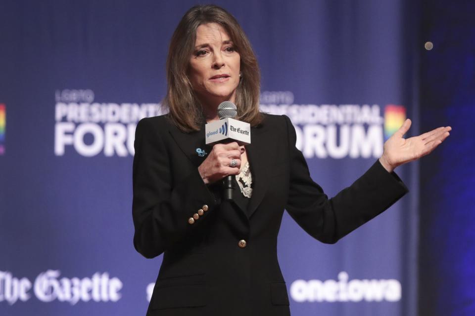 Democratic presidential candidate and self-help author Marianne Williamson speaks at a LGBTQ presidential forum at Coe College’s Sinclair Auditorium on September 20, 2019 in Cedar Rapids, Iowa. The event is the first public event of the 2020 election cycle to focus entirely on LGBTQ issues.