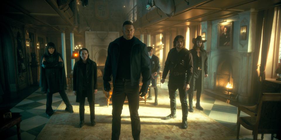 The Hargreeves siblings (from left, Emmy Raver-Lampman, Elliot Page, Tom Hopper, Aidan Gallagher, David Castañeda and Robert Sheehan) return from 1963 to find a broken timeline and new enemies in the third season of Netflix's "The Umbrella Academy."