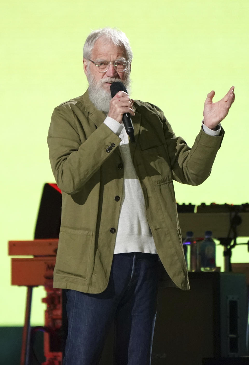 David Letterman speaks at "Vax Live: The Concert to Reunite the World" on Sunday, May 2, 2021, at SoFi Stadium in Inglewood, Calif. (Photo by Jordan Strauss/Invision/AP)