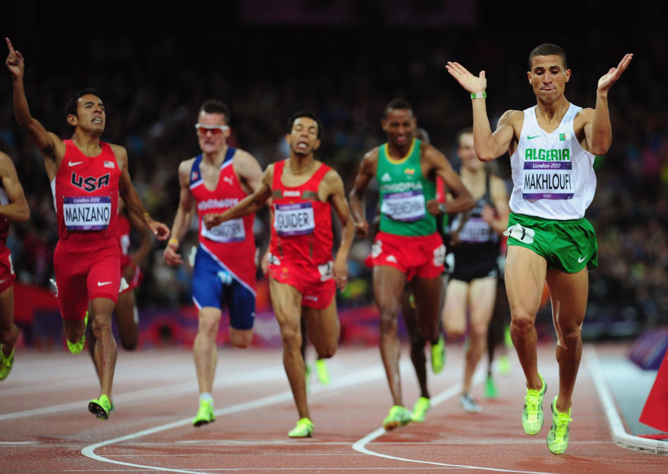 LONDON, ENGLAND - AUGUST 07: Taoufik Makhloufi of Algeria wins the gold in the Men's 1500m Final on Day 11 of the London 2012 Olympic Games at Olympic Stadium on August 7, 2012 in London, England. (Photo by Stu Forster/Getty Images)