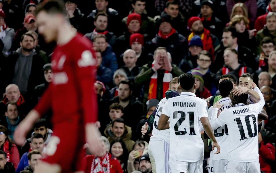 Real Madrid celebrate going 4-2 ahead – Liverpool suffer worst-ever Anfield defeat in Europe in Real Madrid rout - Soccrates Images/Getty Images