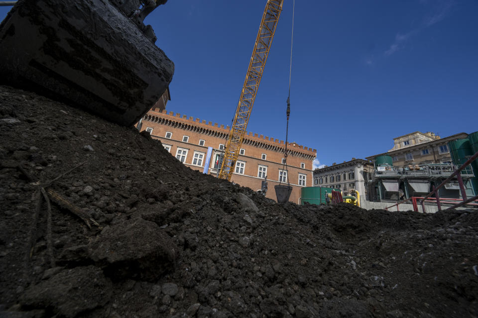 A view of the construction site of the new 25.5-kilometer Metro C subway main hub in Piazza Venezia in central Rome, Thursday, May 23, 2024. During a tour Thursday of the construction site at Piazza Venezia, chief engineer Andrea Sciotti said works on the nearly 3 billion euro project, considered one of the most complicated in the world, were running at pace to be completed by 2034. (AP Photo/Domenico Stinellis)