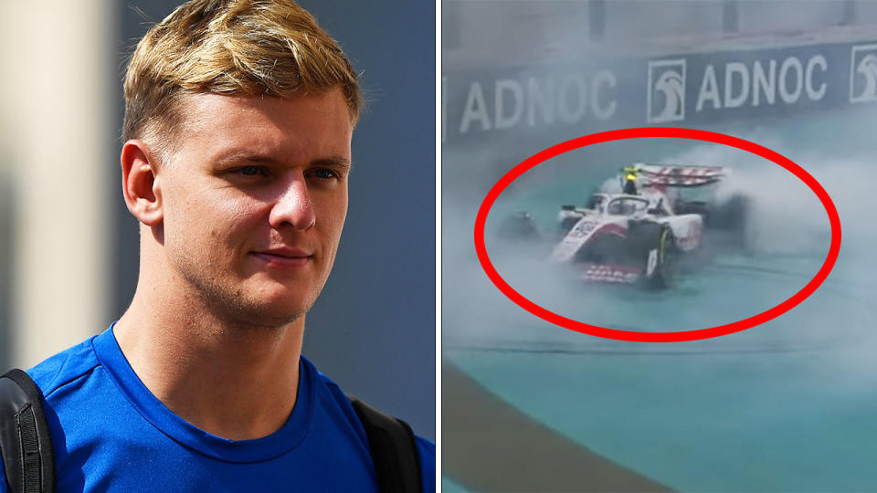 Mick Schumacher is pictured left, with a shot of him performing burnouts in his Haas after the Abu Dhabi GP on the right.