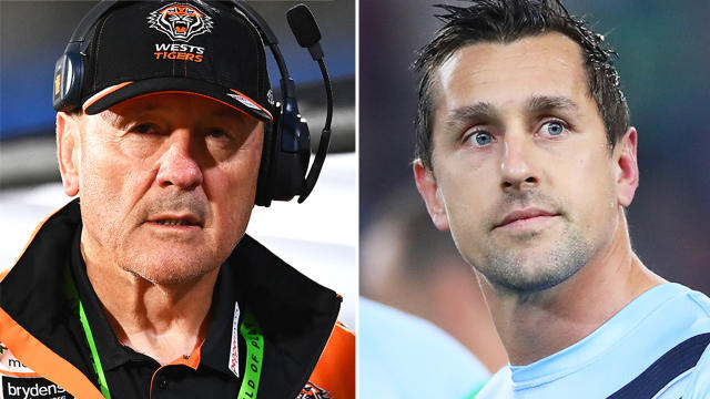 Tim Sheens watches on as coach and Mitchell Pearce before a State of Origin game.
