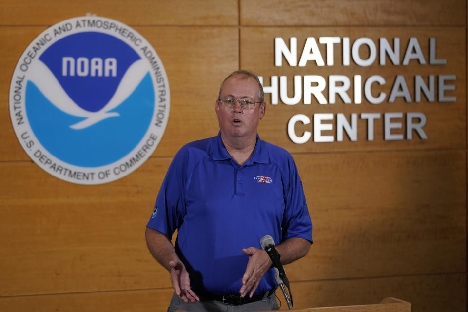 FILE - Ken Graham, director of the National Hurricane Center, gives a briefing on the first day of the Atlantic hurricane season, June 1, 2022, at the National Hurricane Center in Miami. The National Oceanic and Atmospheric Administration on Tuesday, June 7, named Graham the overall boss of the weather service. (AP Photo/Wilfredo Lee, File)