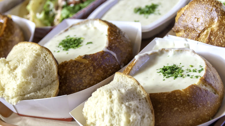 Clam chowder in bread bowls