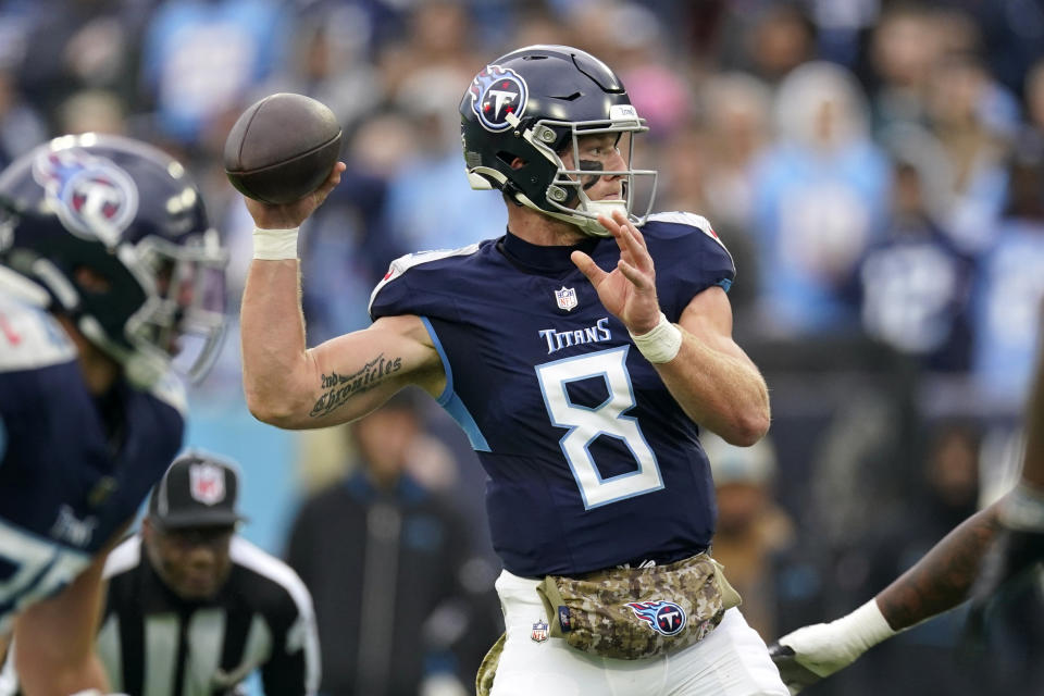 Tennessee Titans quarterback Will Levis (8) passes against the Carolina Panthers during the first half of an NFL football game Sunday, Nov. 26, 2023, in Nashville, Tenn. (AP Photo/George Walker IV)