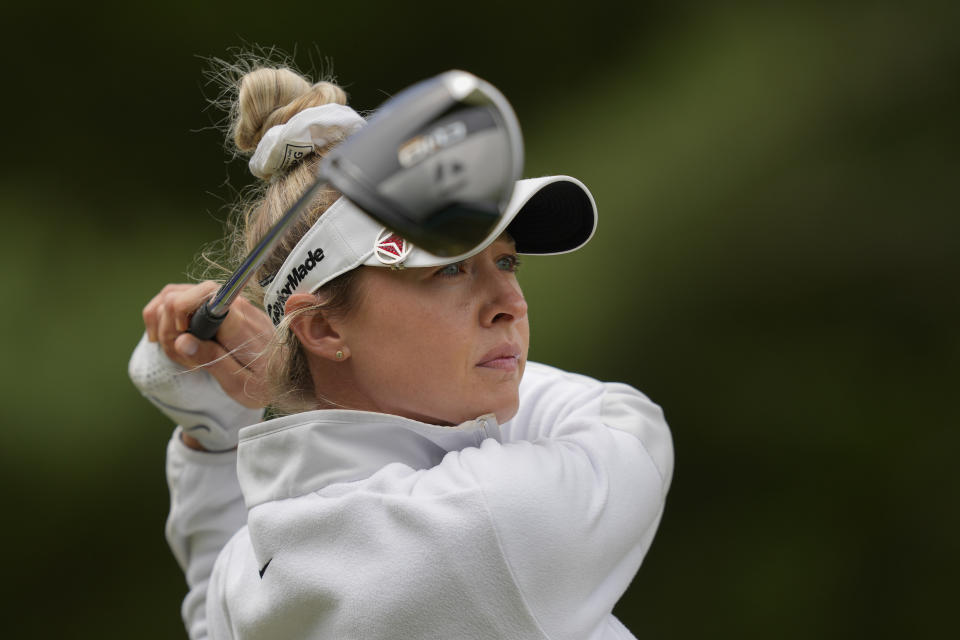 Nelly Korda watches her tee shot on the second hole during the final round of the Chevron Championship LPGA golf tournament Sunday, April 21, 2024, at The Club at Carlton Woods in The Woodlands, Texas. (AP Photo/David J. Phillip)