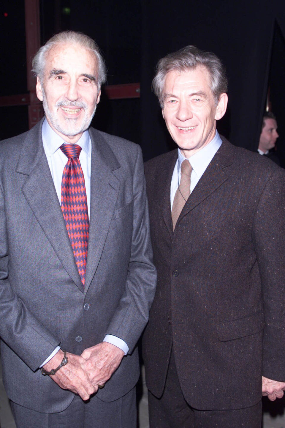 LONDON - DECEMBER 11: British actor Christopher Lee and Ian McKellen attend the premiere party for the film "Lord of the Rings: The Fellowship of the Ring" at Tobacco Dock on December 11, 2001 in London. (Photo by Dave Hogan/Getty Images)