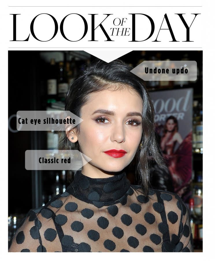 nina dobrev, lob, hair, chignon, updo, red lips, makeup