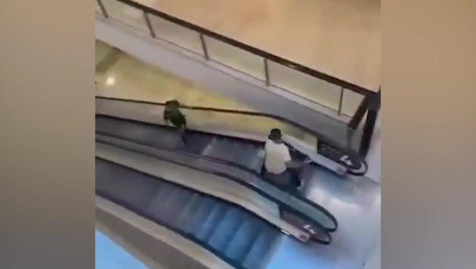 A video shows a brave shopper confronting the knifeman with a bollard on escalators inside the mall (X)