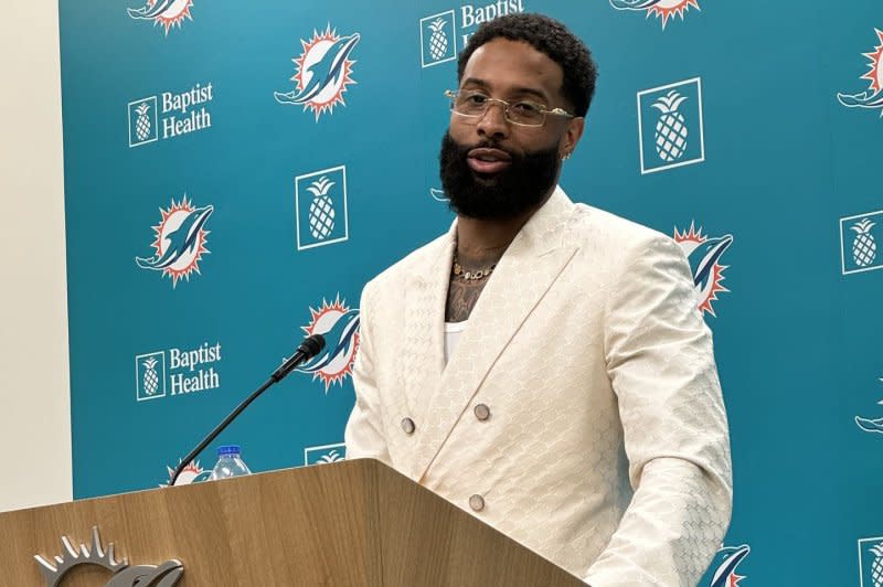 Miami Dolphins wide receiver Odell Beckham Jr. speaks to reporters during a news conference Wednesday at the Baptist Health Training Complex in Miami Gardens, Fla. Photo by Alex Butler/UPI