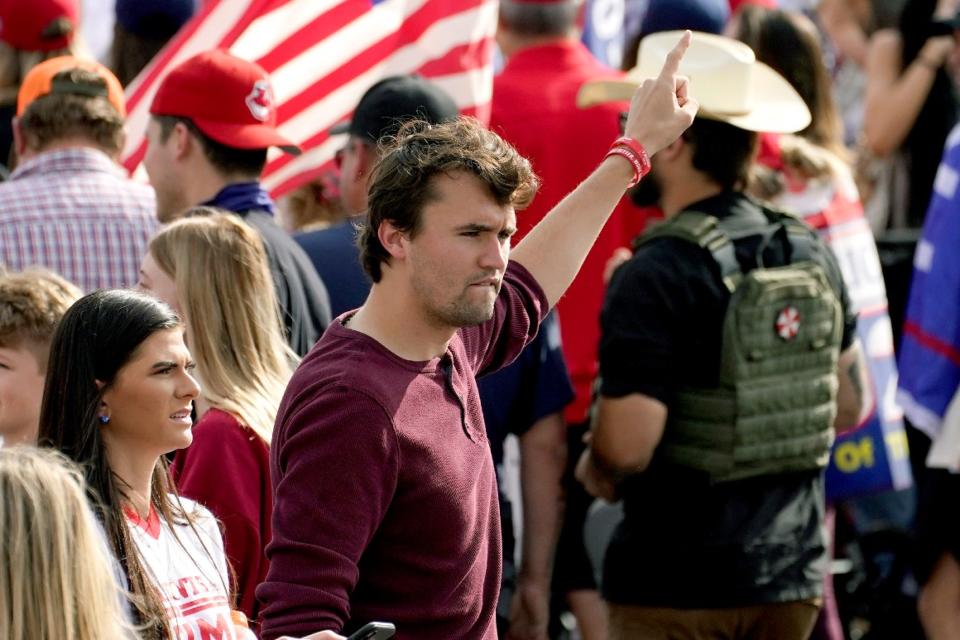 Charlie Kirk walks through the crowd at a pro Trump rally outside the Maricopa County Recorder's Office on Nov. 6.
