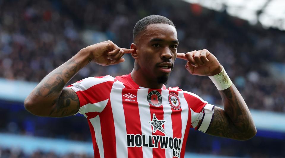 Ivan Toney of Brentford celebrates by putting his fingers to his ears after scoring his team's winning goal in the Premier League match between Manchester City and Brentford at the Etihad Stadium on November 12, 2022 in Manchester, United Kingdom.