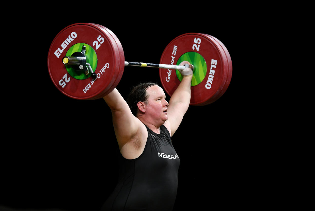 GOLD COAST, AUSTRALIA - APRIL 09:  Laurel Hubbard of New Zealand competes in the Women's +90kg Final during the Weightlifting on day five of the Gold Coast 2018 Commonwealth Games at Carrara Sports and Leisure Centre on April 9, 2018 on the Gold Coast, Australia. (Photo by Dan Mullan/Getty Images)