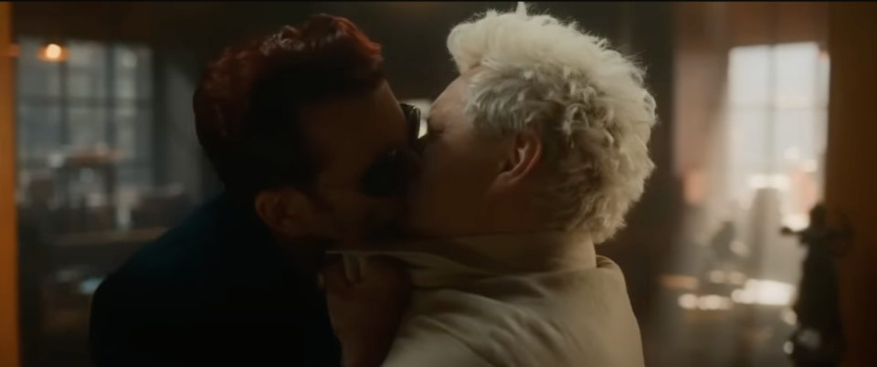 Crowley and Aziraphale kiss in the final episode of the second series (Amazon)