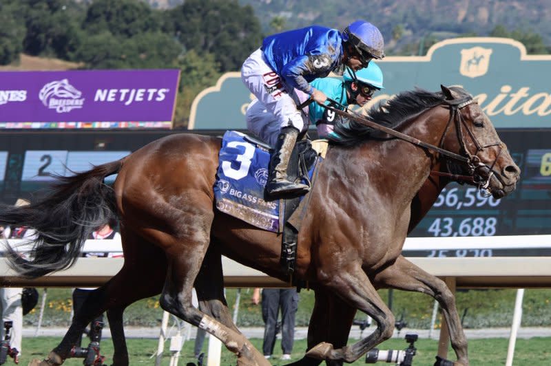 Cody's Wish, ridden by Junior Alvarado, edges National Treasure (inside rail, hidden) to win the Breeders' Cup Dirt Mile during the 40th running of the Breeders' Cup Championships at Santa Anita Park in Arcadia, Calif., on Saturday, Photo by Mark Abraham/UPI