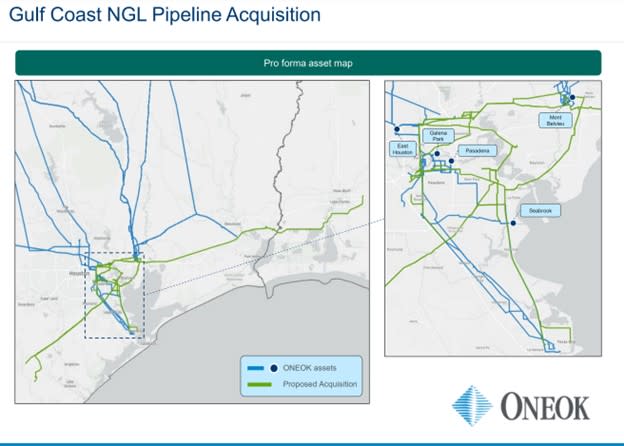 A map showing the strategic fit of Oneok's existing pipelines with its new acquisitions. 