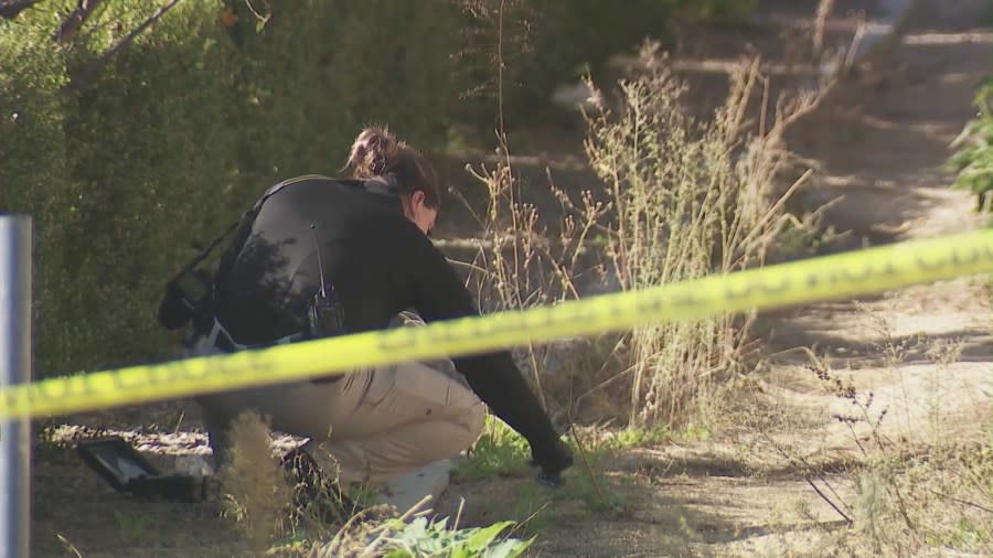 Investigators examine the horse trail next to a home that was used as the escape route by two home invasion suspects on Dec. 12, 2023. (KTLA)