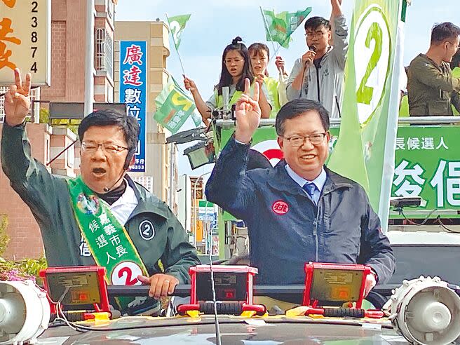 民進黨嘉義市長候選人李俊俋（左）16日由桃園市長鄭文燦（右）陪同車隊掃街拜票。（廖素慧攝）