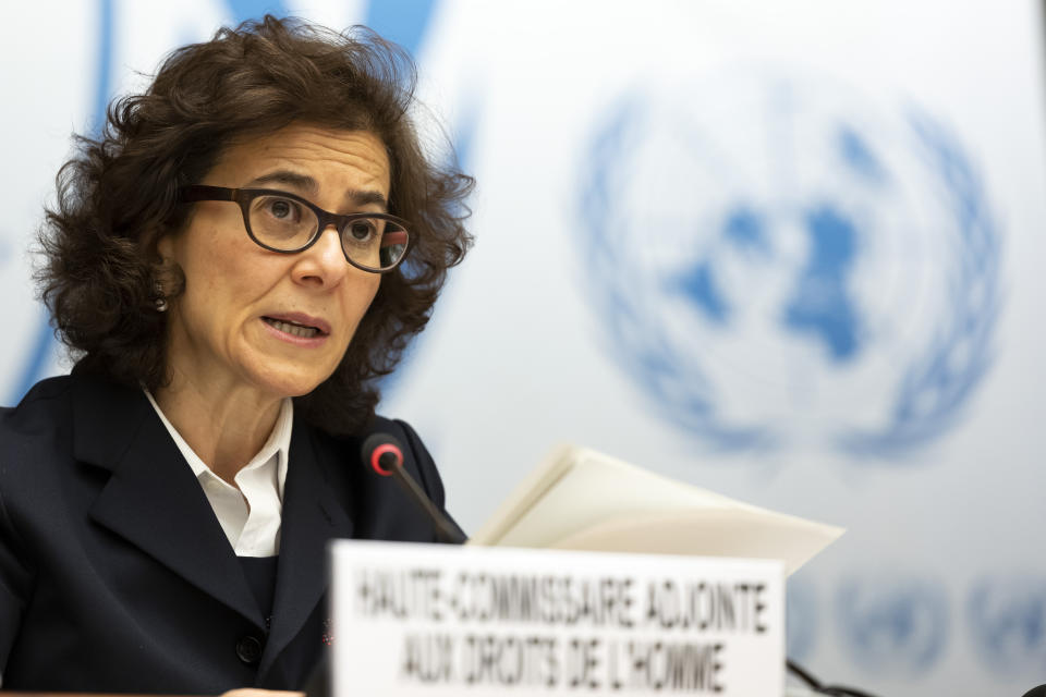 Nada Al-Nashif, UN Deputy High Commissioner for Human Rights, delivers her statement, during the Human Rights Council special session on "the grave human rights situation in Ethiopia", at the European headquarters of the United Nations in Geneva, Switzerland, Friday, Dec. 17, 2021. The U.N.'s main human rights body is opening a special session Friday to discuss rights violations in conflict-torn Ethiopia, with many Western countries trying to set up an international team of experts to boost scrutiny of the situation despite a lack of support from African nations and amid accusations from Ethiopia’s government that it's politically motivated. (Salvatore Di Nolfi/Keystone via AP)