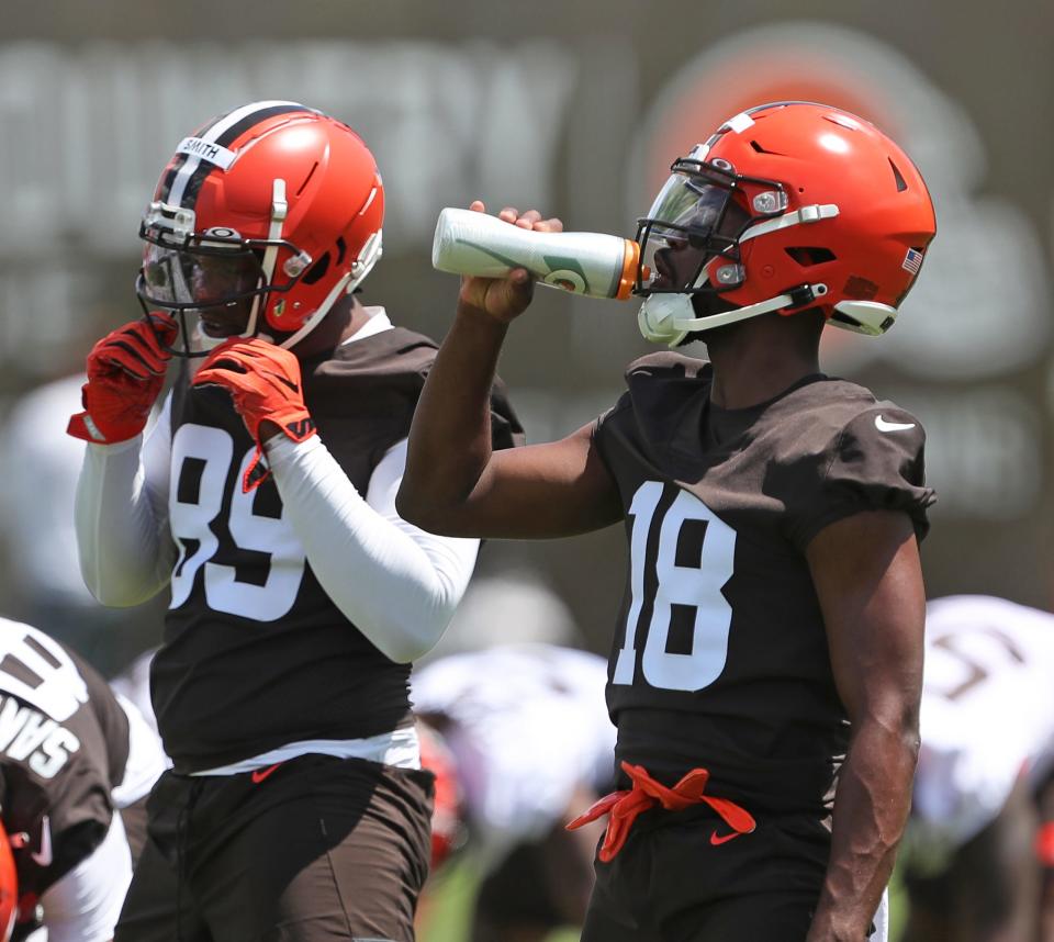 Cleveland Browns rookie wide receiver David Bell cools off during the NFL football team's rookie minicamp in Berea on Friday.