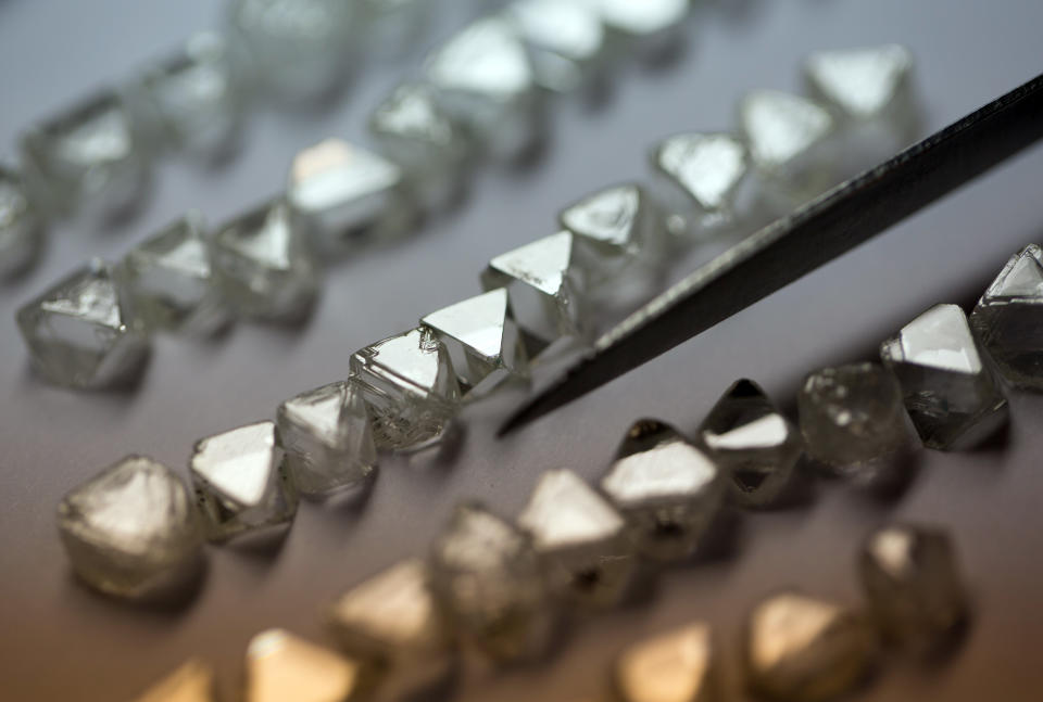 Natural diamonds on display at Alrosa’s cutting and polishing unit. Photo: Andrey Rudakov/Getty Images