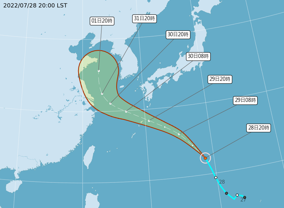 氣象局今（28）天晚間表示，原位於硫磺島南南西方海面的熱帶性低氣壓今晚8點發展為輕度颱風   圖：氣象局提供