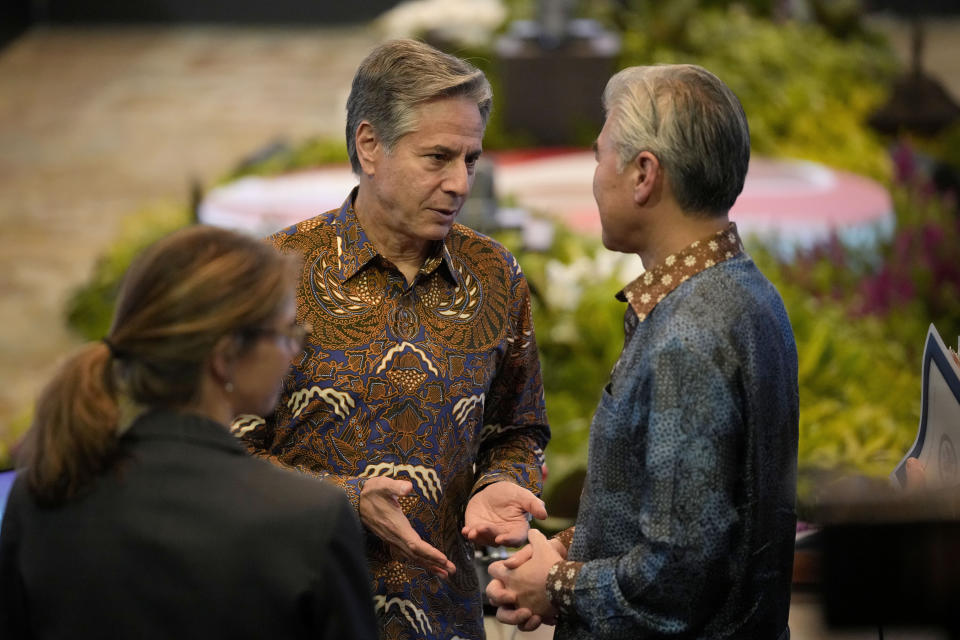 U.S. Secretary of State Antony Blinken, left, speaks with the U.S. Ambassador to Indonesia Sung Y. Kim during the ASEAN Post Ministerial Conference with the United States at the Association of Southeast Asian Nations (ASEAN) Foreign Ministers' Meeting in Jakarta, Indonesia, Friday, July 14, 2023. (AP Photo/Dita Alangkara, Pool)