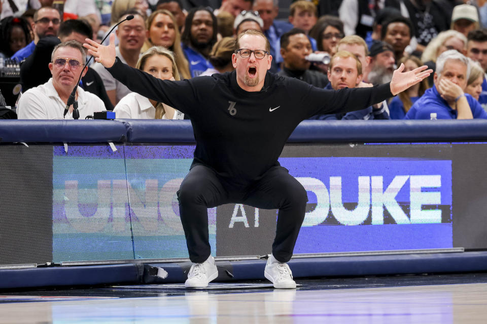 Philadelphia 76ers Nick Nurse argues for a foul call during the first half of an NBA basketball game against the Dallas Mavericks, Sunday, March 3, 2024, in Dallas. (AP Photo/Gareth Patterson)