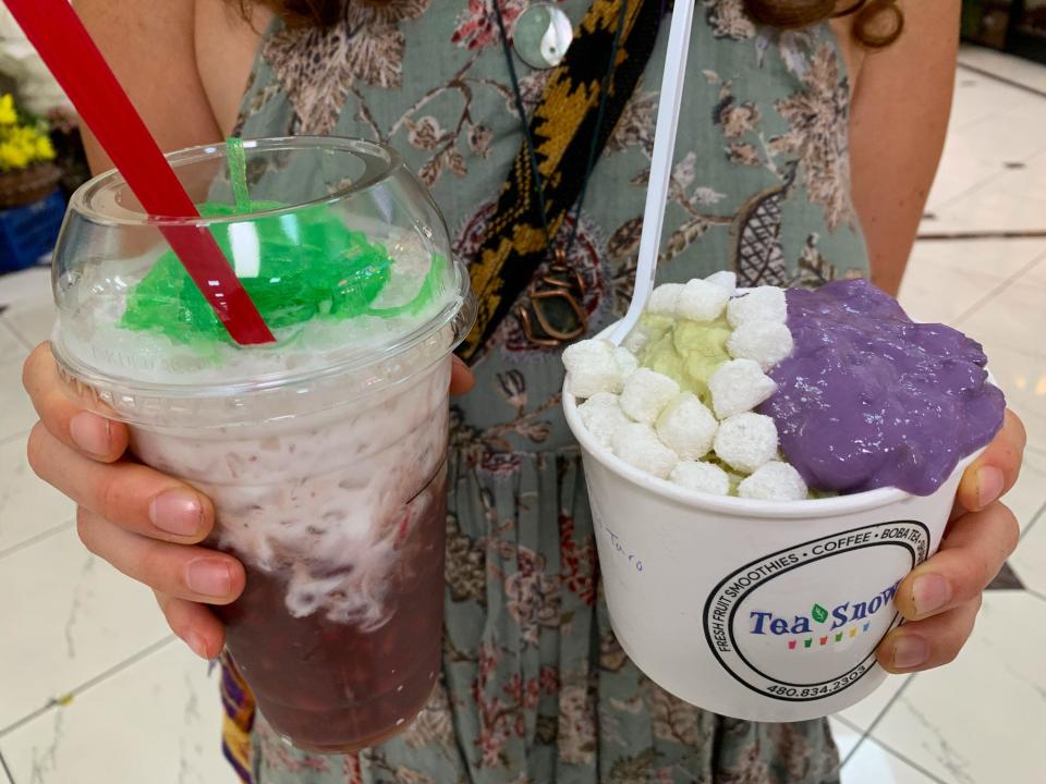 At Tea Snow, red bean coconut cream (left) features a big dollop of stewed red beans topped with sweet coconut milk and strings of grass jelly. Matcha shaved snow (right) combines earthy purple smashed taro and little white mochi balls.
