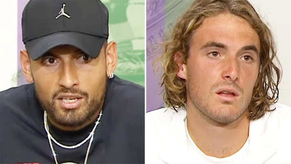 Nick Kyrgios and Stefanos Tsitsipas, pictured here in an ugly war-of-words after their match at Wimbledon.