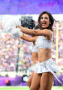 <p>Minnesota Vikings cheerleaders perform during a NFL game between the Minnesota Vikings and Baltimore Ravens on October 22, 2017 at U.S. Bank Stadium in Minneapolis, MN.The Vikings defeated the Ravens 24-16.(Photo by Nick Wosika/Icon Sportswire via Getty Images) </p>