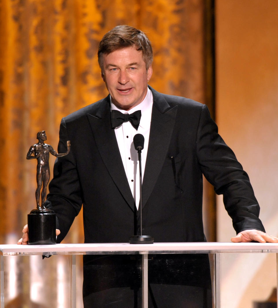 Alec Baldwin accepts the award for outstanding male actor in a comedy series for “30 Rock” at the 19th Annual Screen Actors Guild Awards at the Shrine Auditorium in Los Angeles on Sunday Jan. 27, 2013. (Photo by John Shearer/Invision/AP)