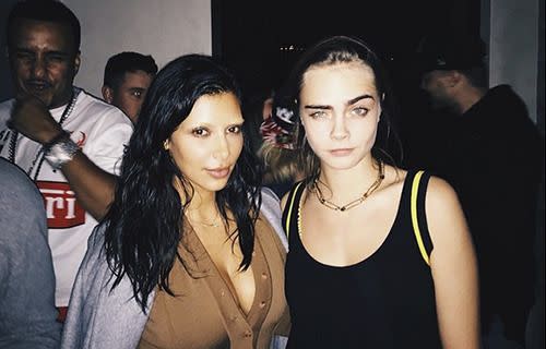 Kim K, sans brows, next the queen of the caterpillar Cara Delevingne. Photo: instagram.com/kimkardashian.