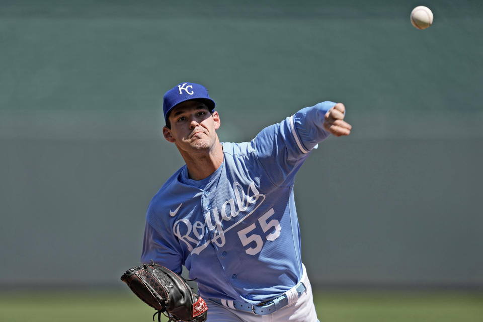 Kansas City Royals starting pitcher Cole Ragans throws during the first inning of a baseball game against the Chicago White Sox Monday, Sept. 4, 2023, in Kansas City, Mo. (AP Photo/Charlie Riedel)