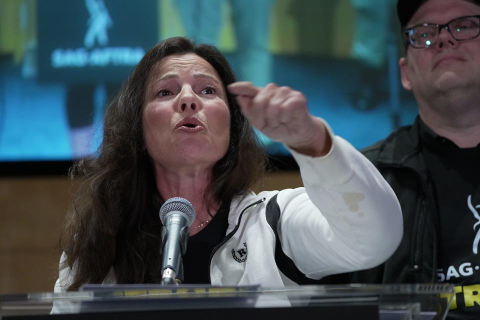 SAG-AFTRA President Fran Drescher speaks after the announcement that SAG/AFTRA would go on strike on July 13, 2023 in Los Angeles.  Earlier, SAG-AFTRA National Council members discussed the results of a vote on a recommendation and called a strike.