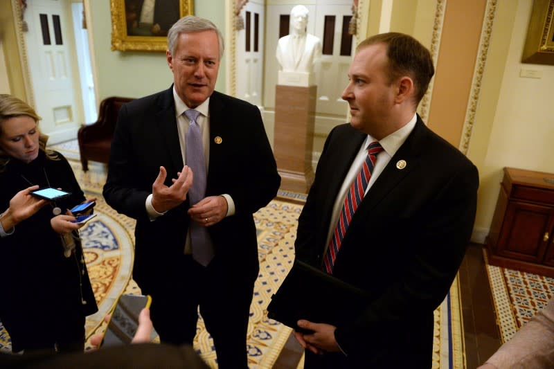 Rep. Mark Meadows, R-NC and Rep. Lee Zeldin, R-NY speak to the media, during a brief recess of the Senate impeachment trial of President Trump in Washington