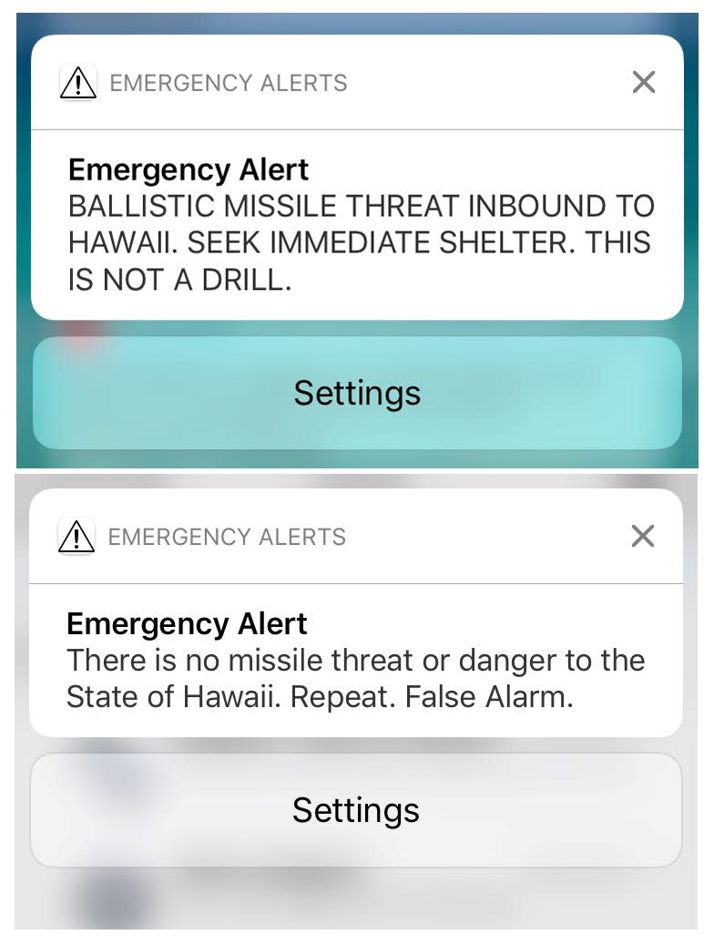 phone screenshots shows emergency alert warning of inbound ballistic missile then a new alert saying false alarm there is no missile threat