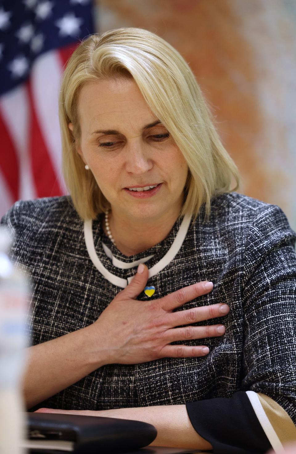 U.S. Ambassador to Ukraine Bridget A. Brink puts her hand on her chest as she talks about the atrocities from the war with Russia to the Deseret News following a meeting with members of the Utah trade delegation at the embassy in Kyiv, Ukraine, on Tuesday, May 2, 2023. | Scott G Winterton, Deseret News