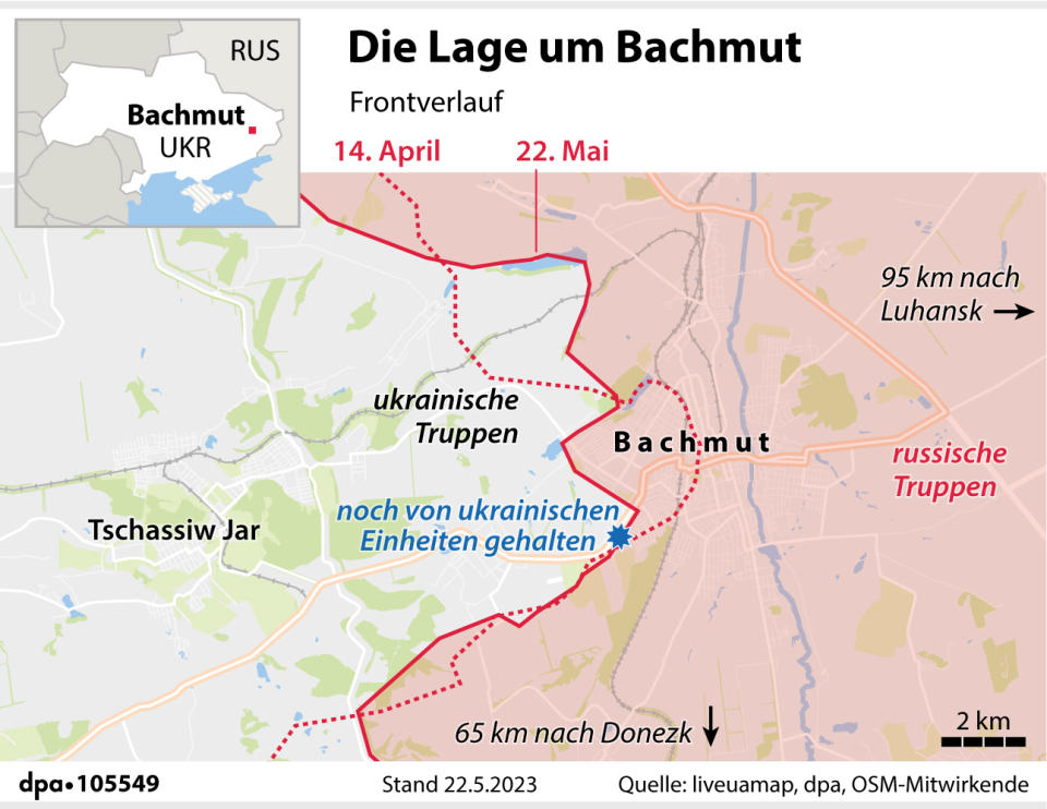 "Die Lage um Bachmut", Grafik: P. Massow/J. Reschke; Redaktion: B. Schaller/M. Lorenz