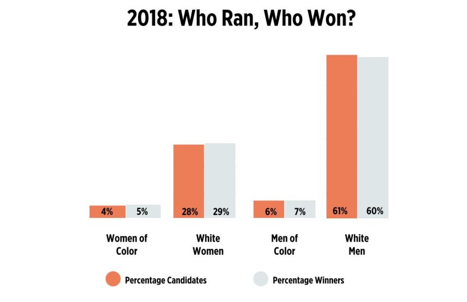 A chart tracking the demographics of 2018 midterm election candidates, and the rate at which they won.&nbsp; (Photo: Reflective Democracy Campaign)