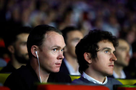 Cyclists Chris Froome and Geraint Thomas attend a news conference to unveil the itinerary of the 2019 Tour de France cycling race in Paris, France, October 25, 2018. REUTERS/Gonzalo Fuentes