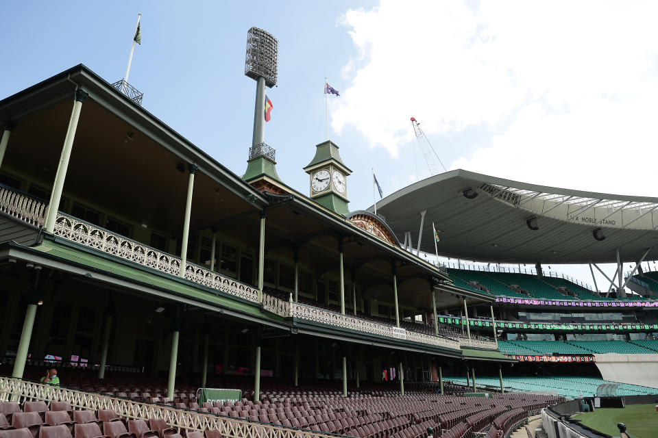 A general view of seats in the Ladies and Members stands during the India nets session at the Sydney Cricket Ground on January 05, 2021 in Sydney, Australia.